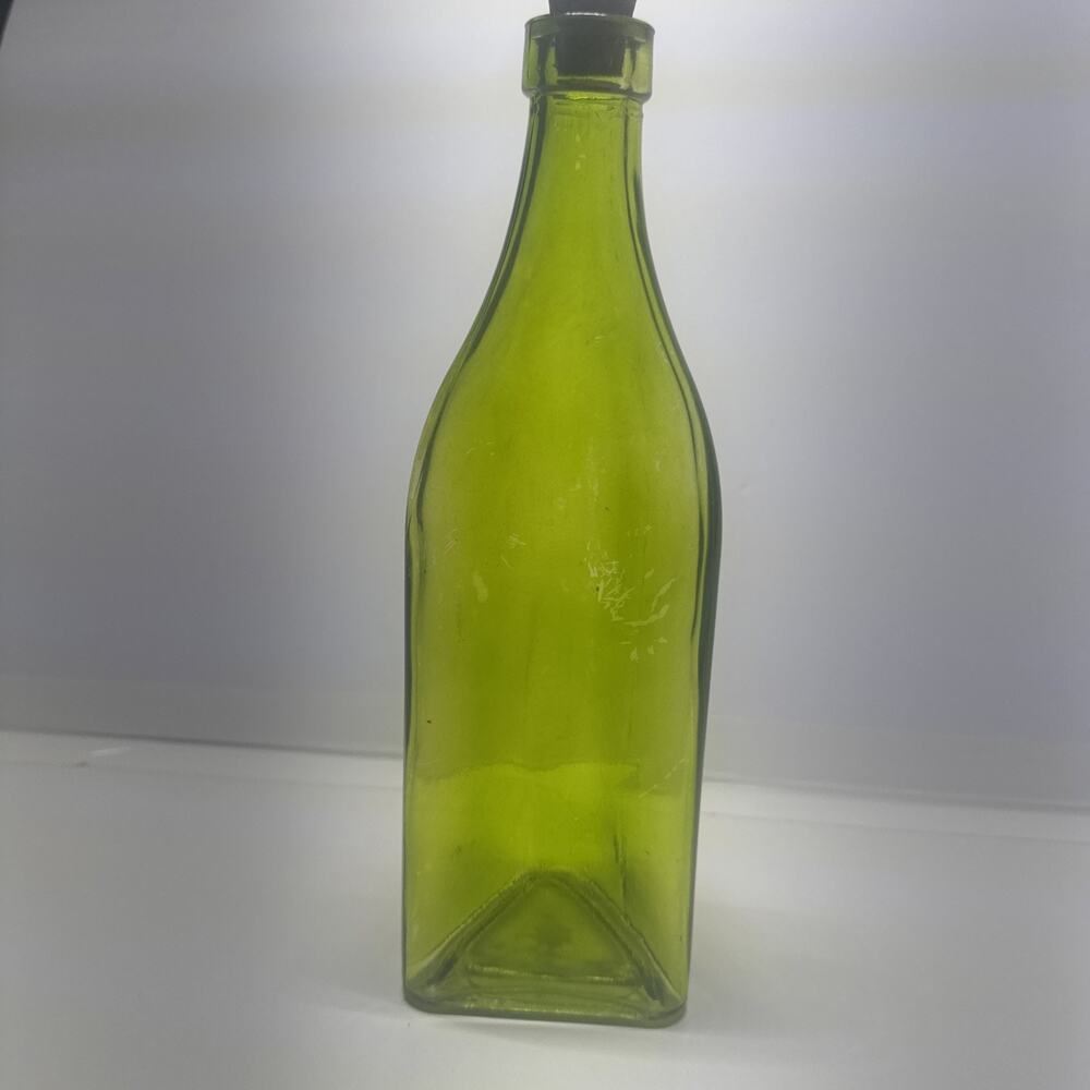Vintage Green Glass 3 corner Bottle with cork stopper Home Storage Decor 9.75”